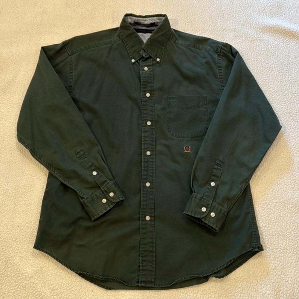Tommy Hilfiger Vintage Long Sleeve Dark Green Button Up Collar Size Medium